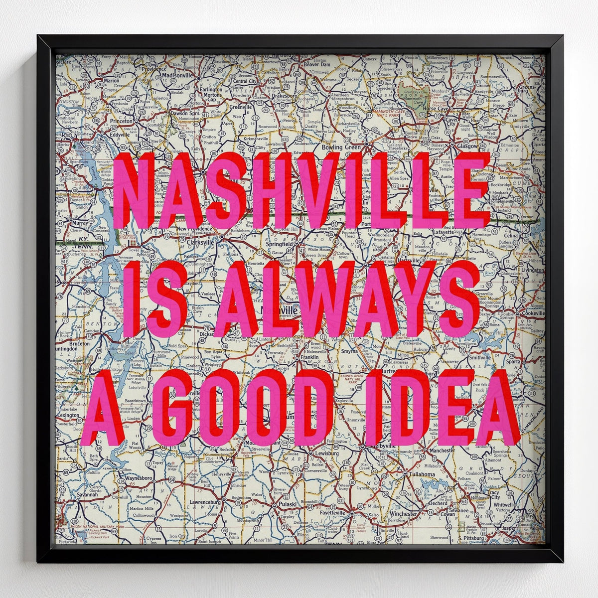 Nashville Retro Pop Art Map Print - black frame mockup - Magic Posters