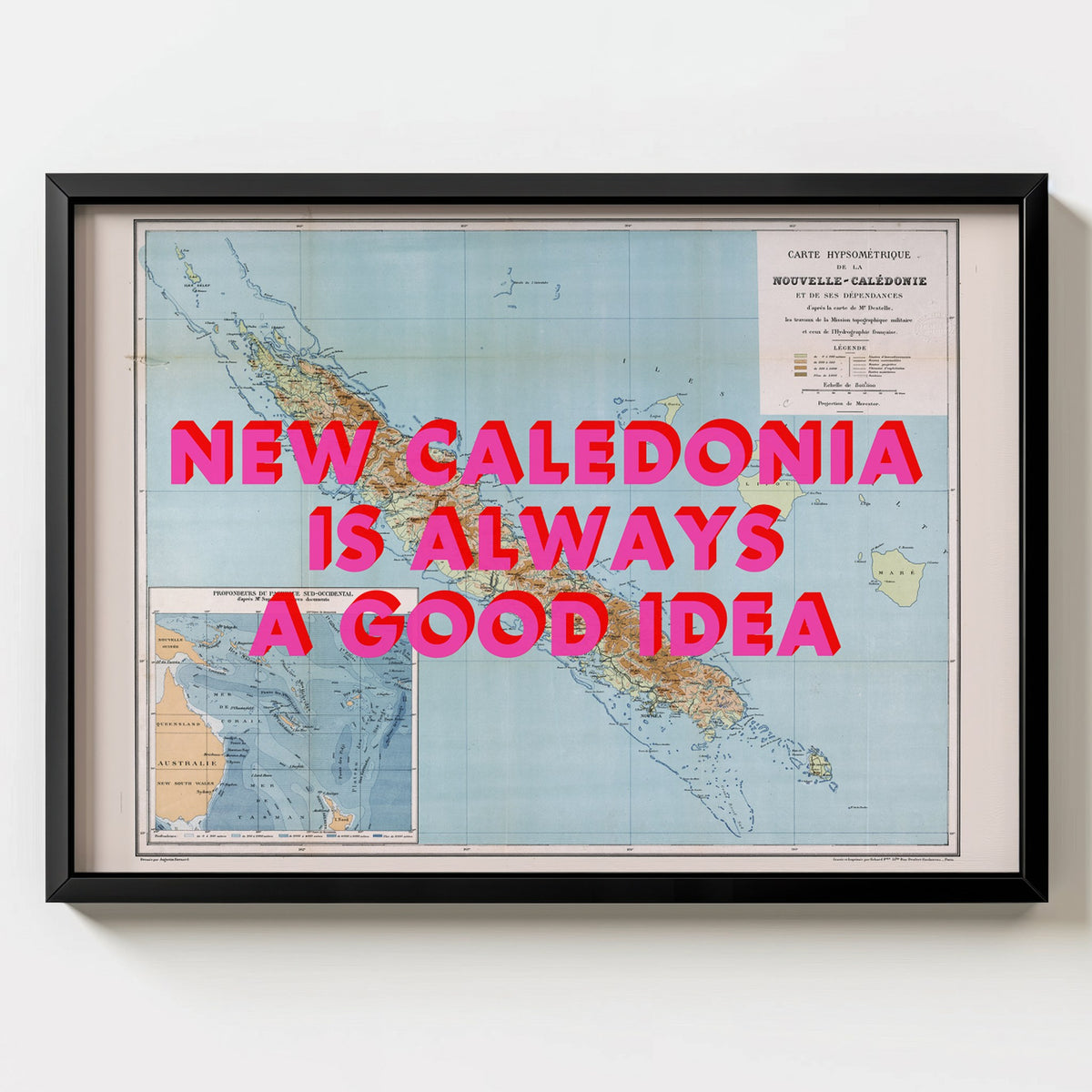 New Caledonia Retro Pop Art Map Print (landscape) - black frame mockup - Magic Posters