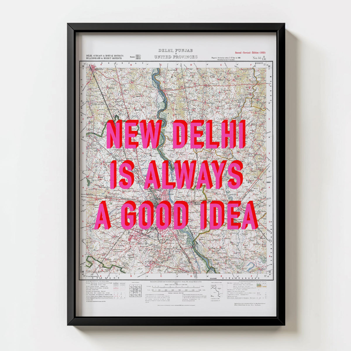 New Delhi Retro Pop Art Map Print (portrait) - black frame mockup - Magic Posters Bold