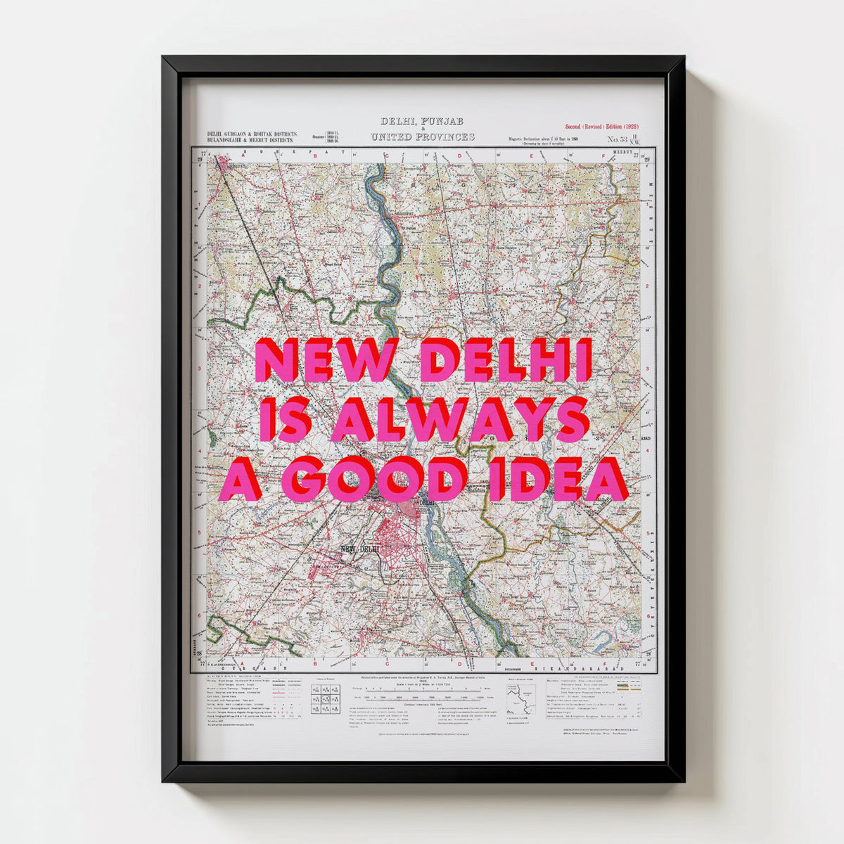 New Delhi Retro Pop Art Map Print (portrait) - black frame mockup - Magic Posters