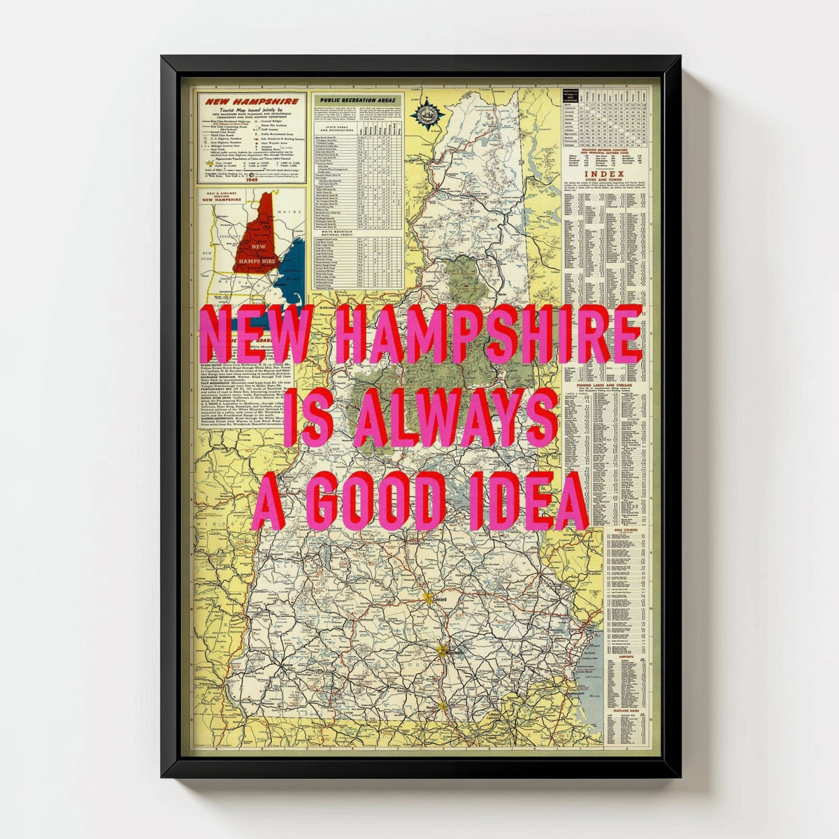 New Hampshire Retro Pop Art Map Print (portrait) - black frame mockup - Magic Posters