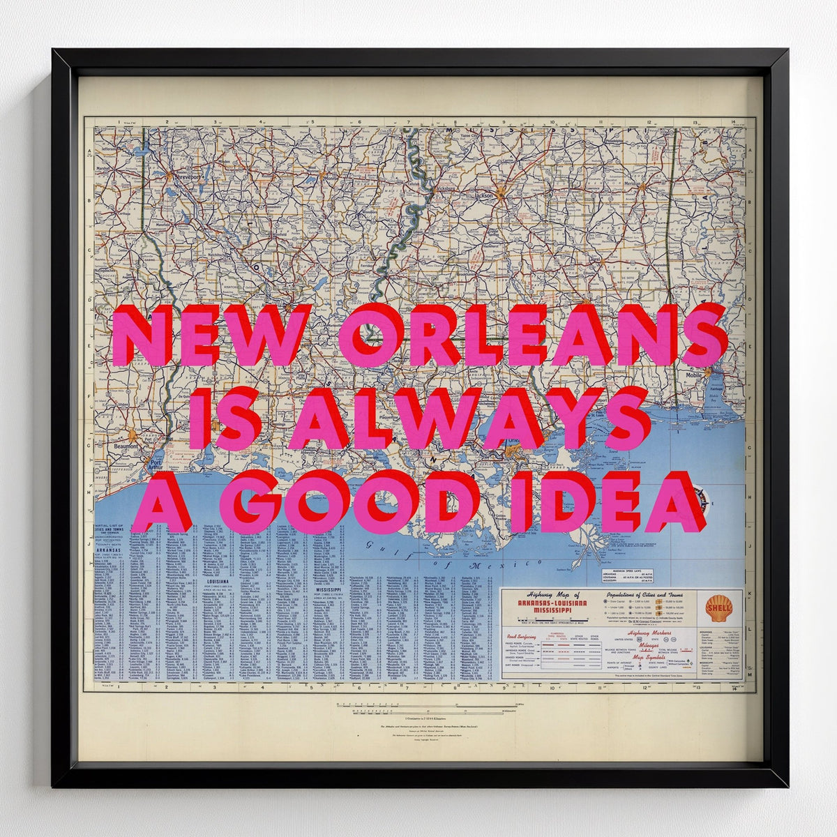 New Orleans Retro Pop Art Map Print - black frame mockup - Magic Posters