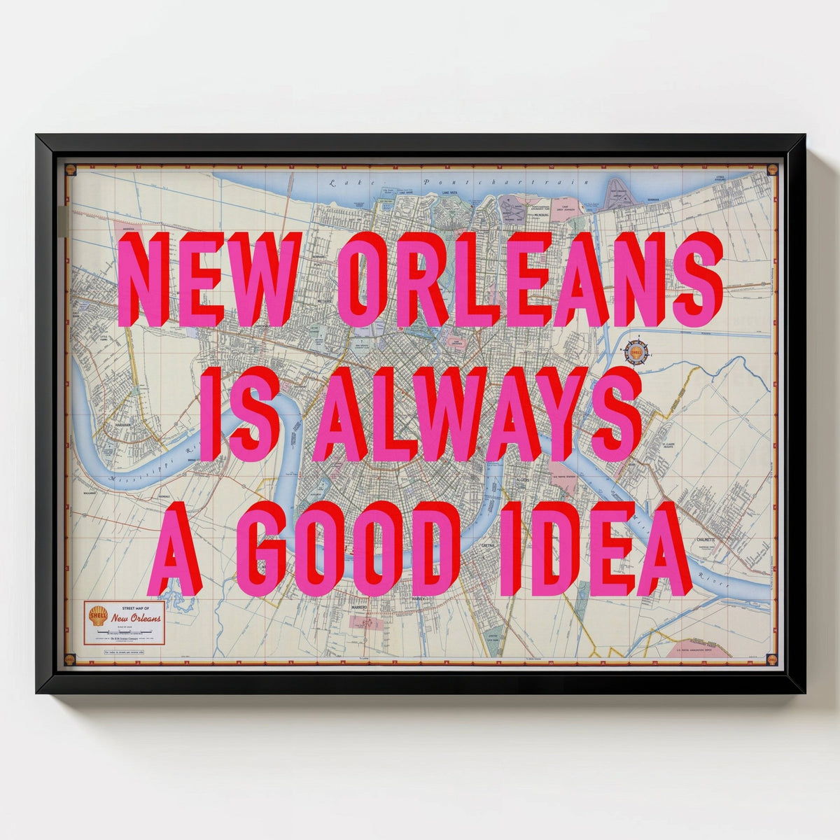 New Orleans Retro Pop Art Map Print (landscape) - black frame mockup - Magic Posters