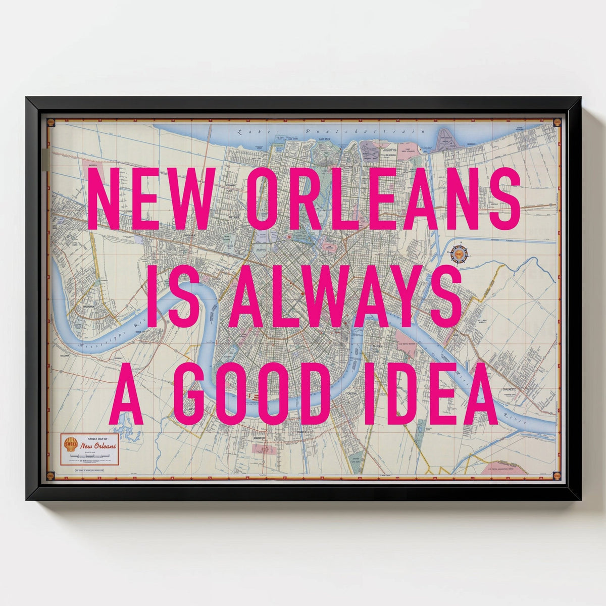New Orleans Retro Pop Art Map Print (landscape) - black frame mockup - Magic Posters