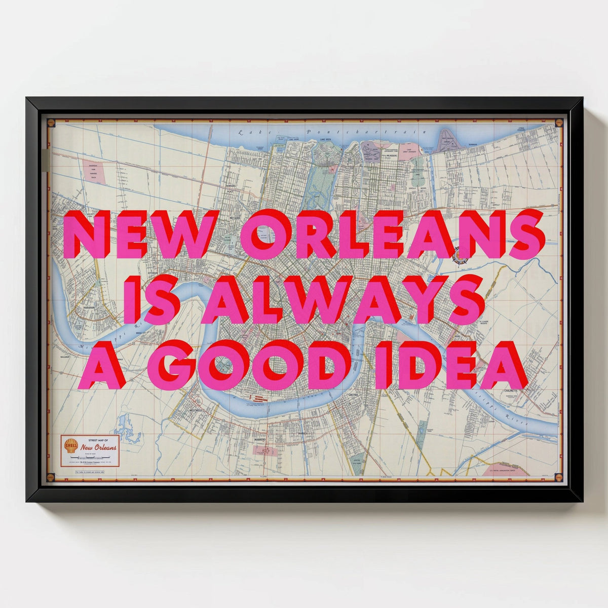 New Orleans Retro Pop Art Map Print (landscape) - black frame mockup - Magic Posters