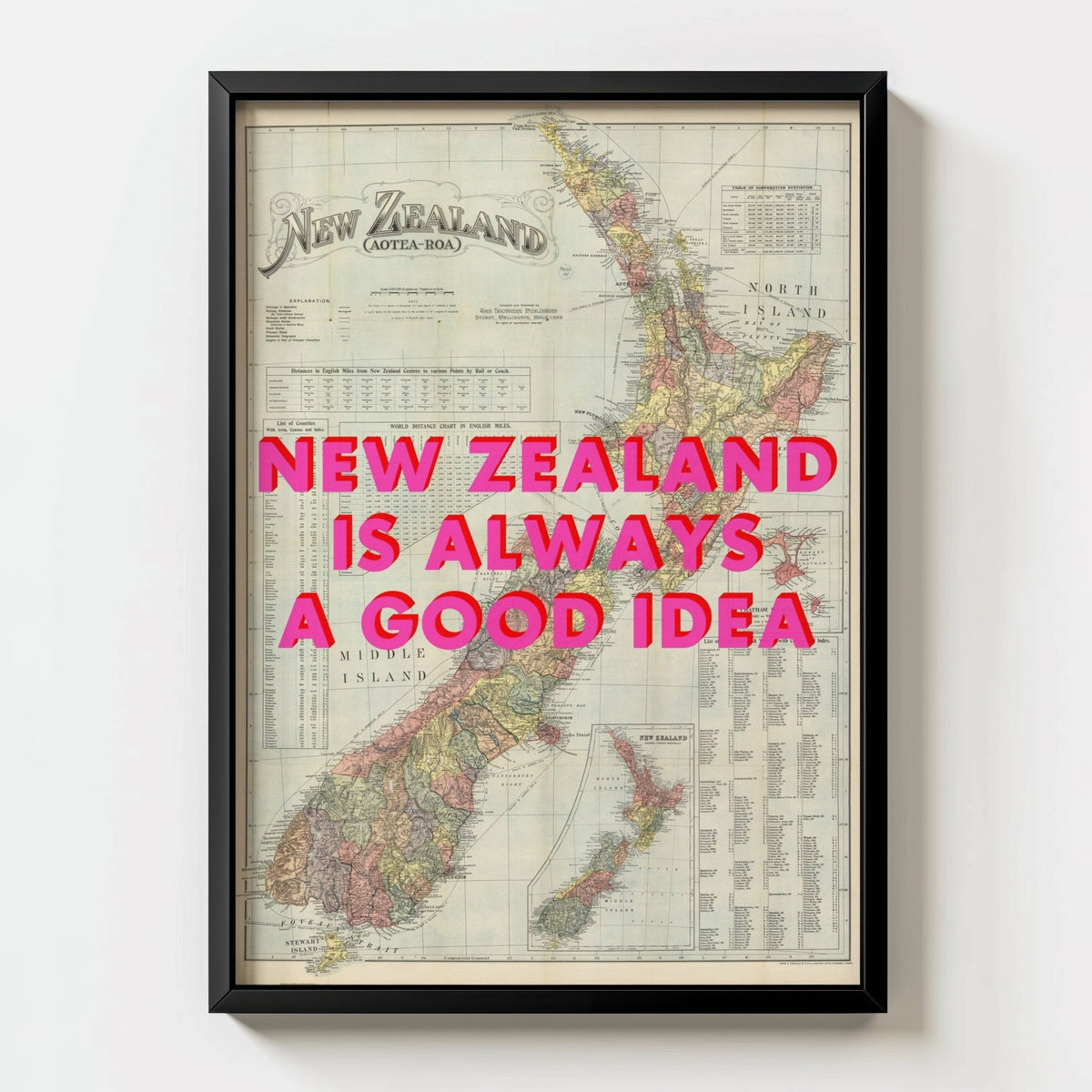 New Zealand Retro Pop Art Map Print - black frame mockup - Magic Posters