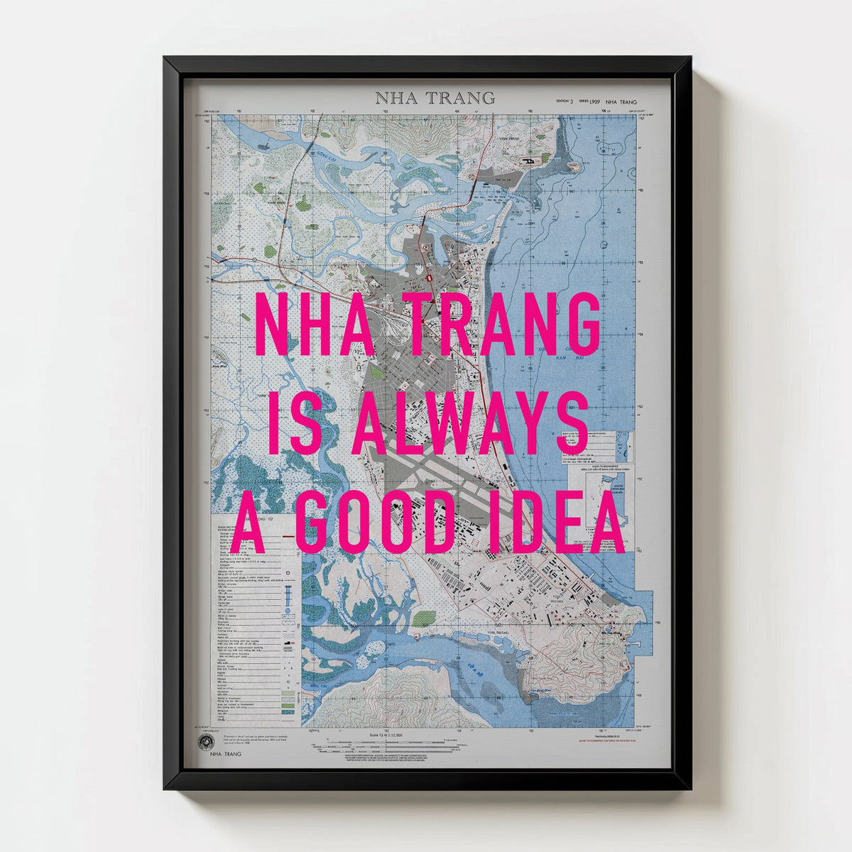 Nha Trang Retro Pop Art Map Print (portrait) - black frame mockup - Magic Posters