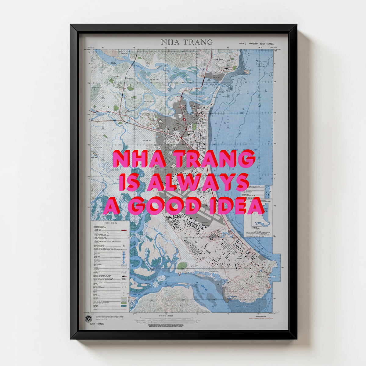 Nha Trang Retro Pop Art Map Print (portrait) - black frame mockup - Magic Posters