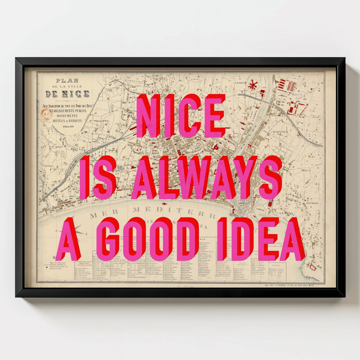 Nice - France Retro Pop Art Map Print - black frame mockup - Magic Posters