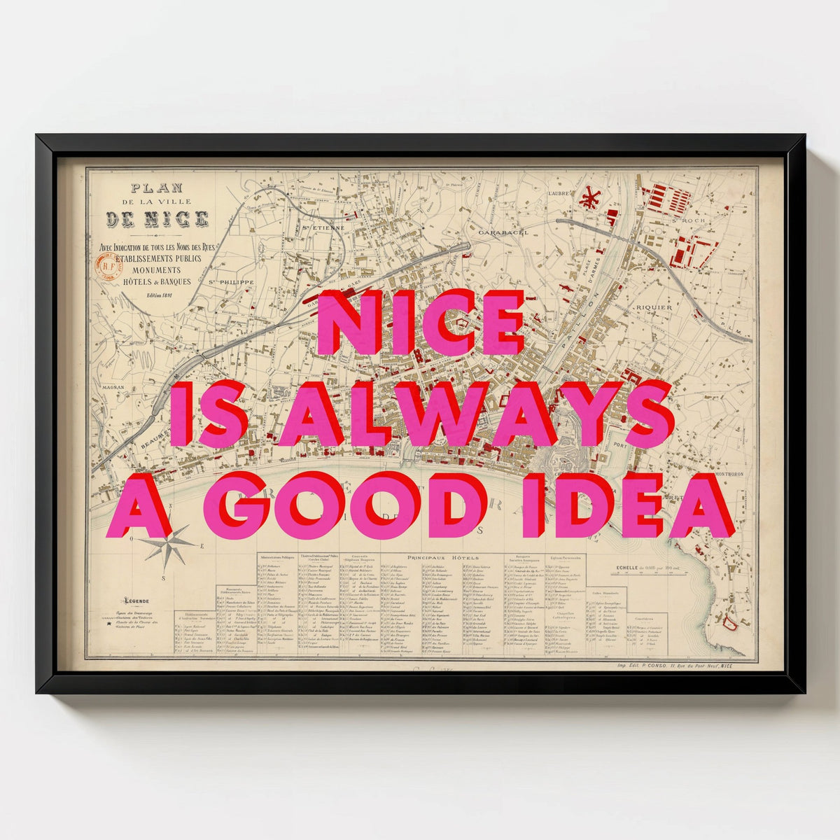 Nice - France Retro Pop Art Map Print - black frame mockup - Magic Posters