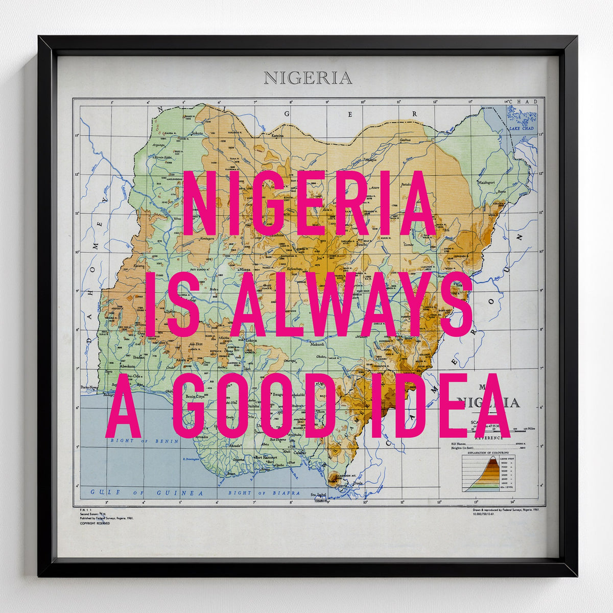Nigeria Retro Pop Art Map Print (square) - black frame mockup - Magic Posters