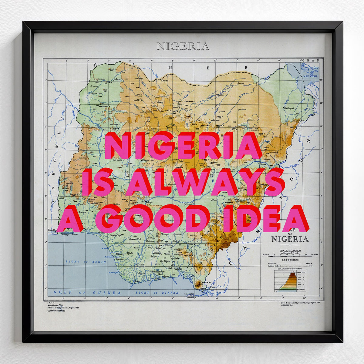 Nigeria Retro Pop Art Map Print (square) - black frame mockup - Magic Posters