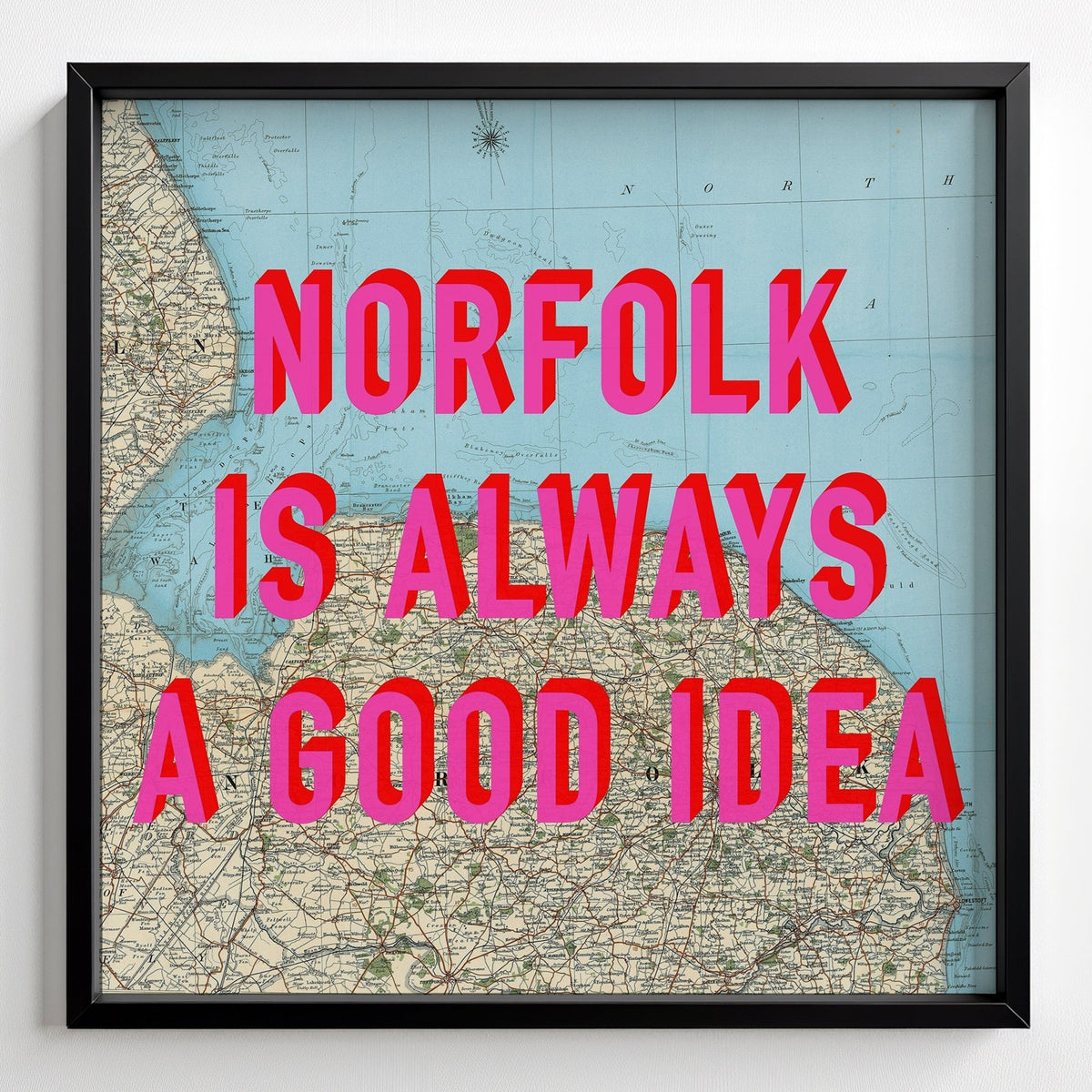 Norfolk Retro Pop Art Map Print - black frame mockup - Magic Posters