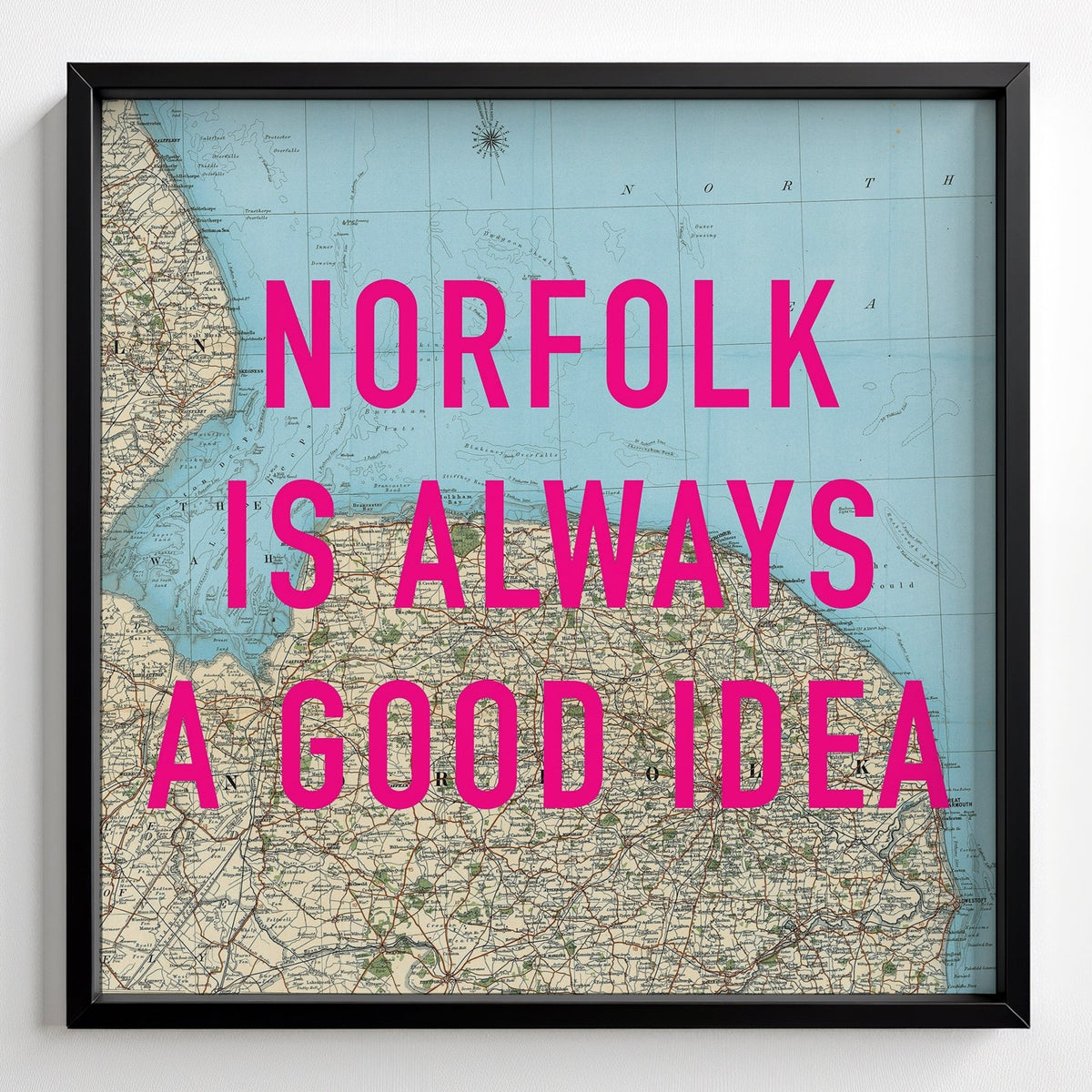 Norfolk Retro Pop Art Map Print - black frame mockup - Magic Posters