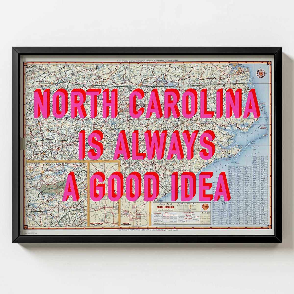North Carolina Retro Pop Art Map Print (landscape) - black frame mockup - Magic Posters Bold