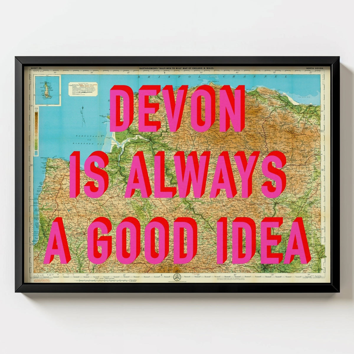 North Devon Retro Pop Art Map Print - black frame mockup - Magic Posters