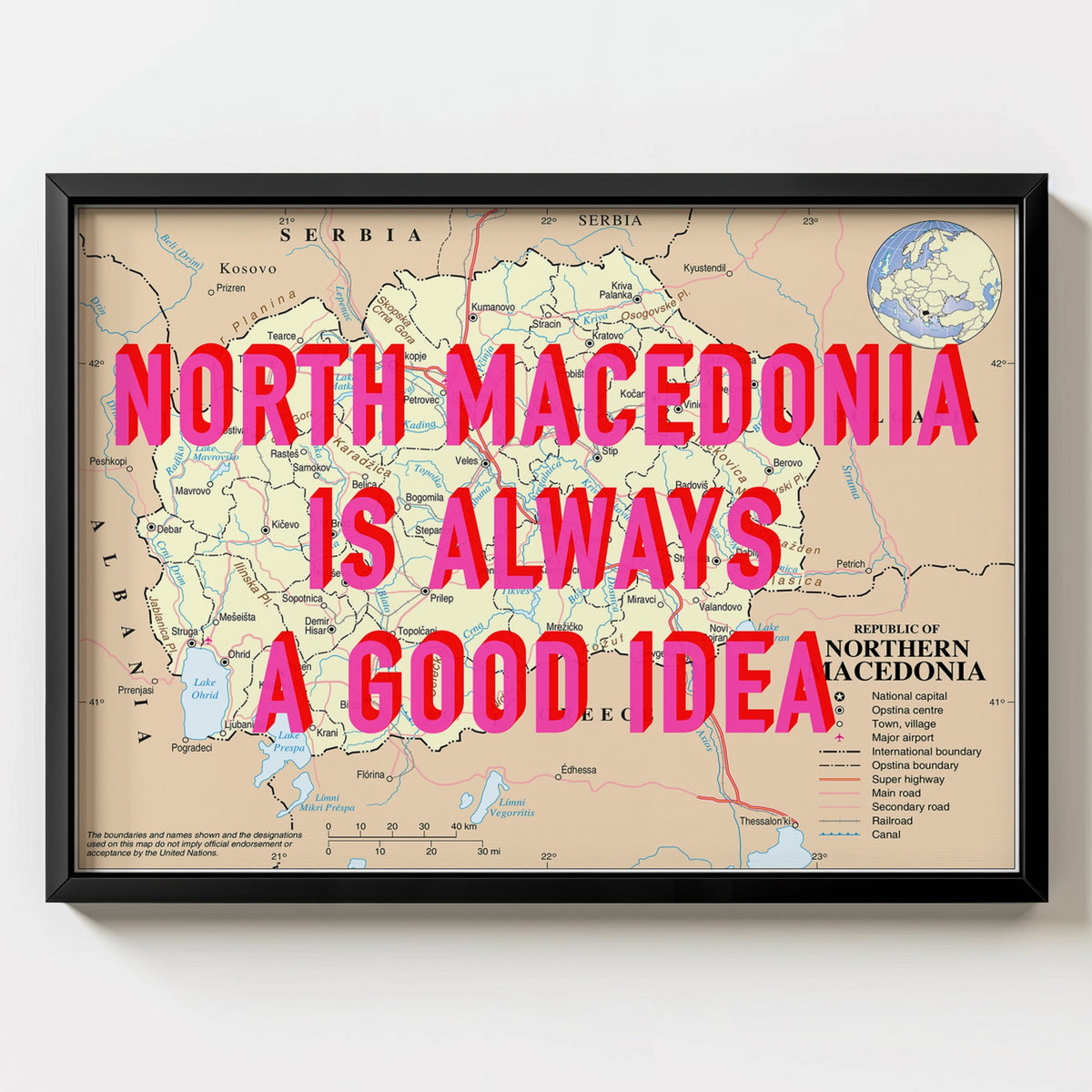 North Macedonia Retro Pop Art Map Print (landscape) - black frame mockup - Magic Posters Bold