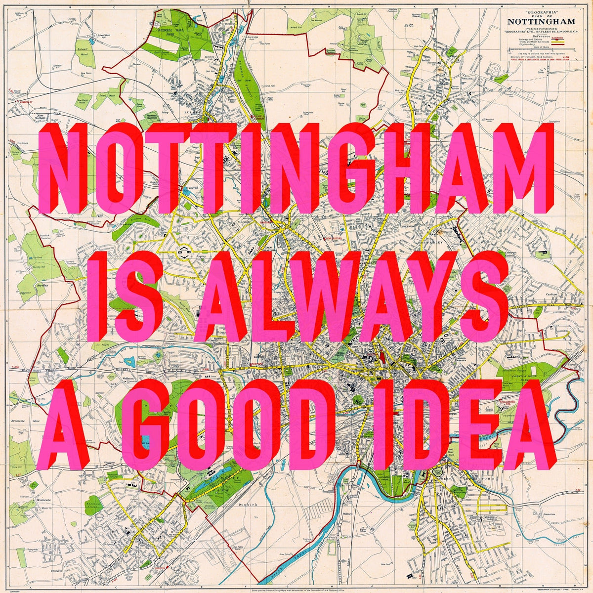 Nottingham Retro Pop Art Map Print (Square)