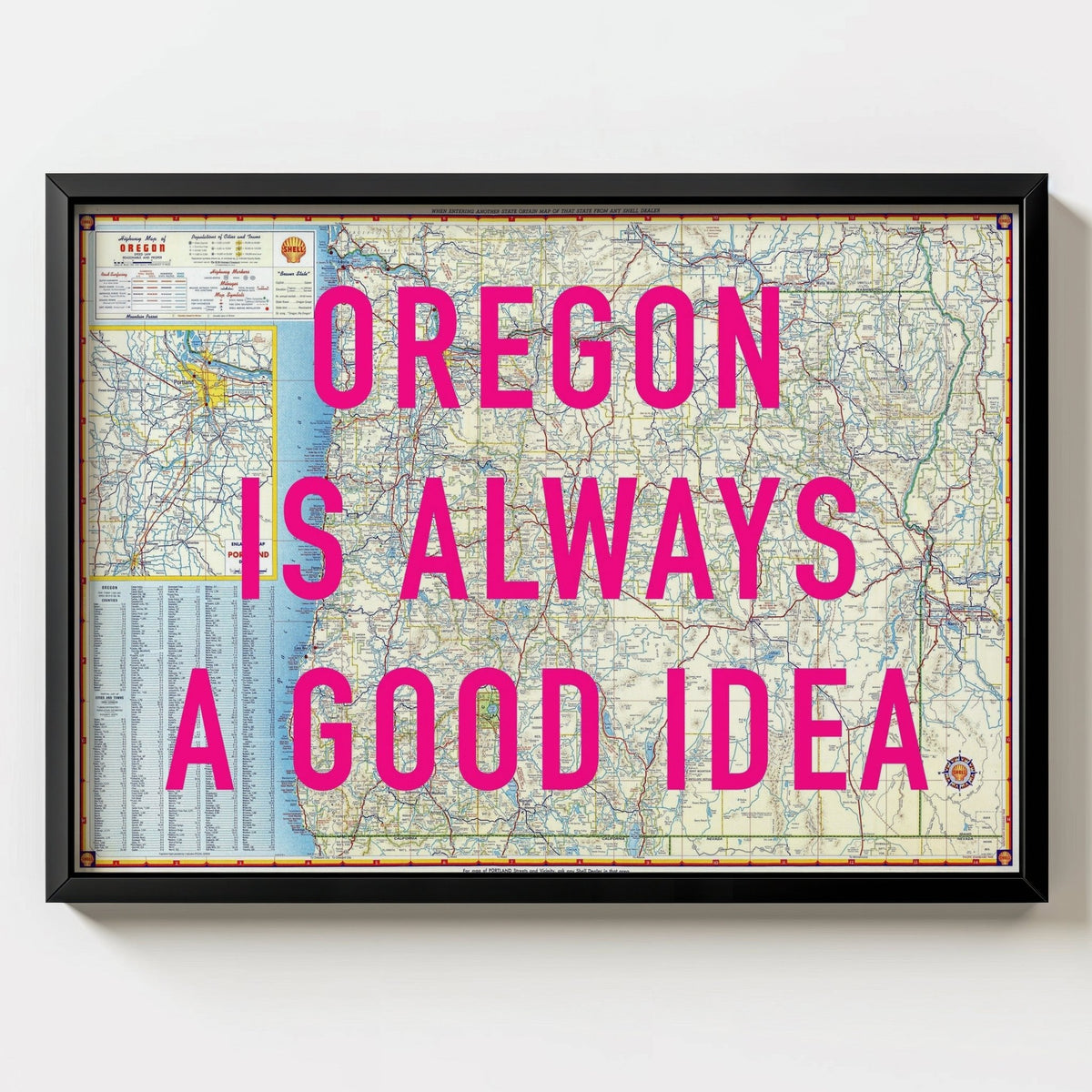 Oregon Retro Pop Art Map Print (landscape V1) - black frame mockup - Magic Posters
