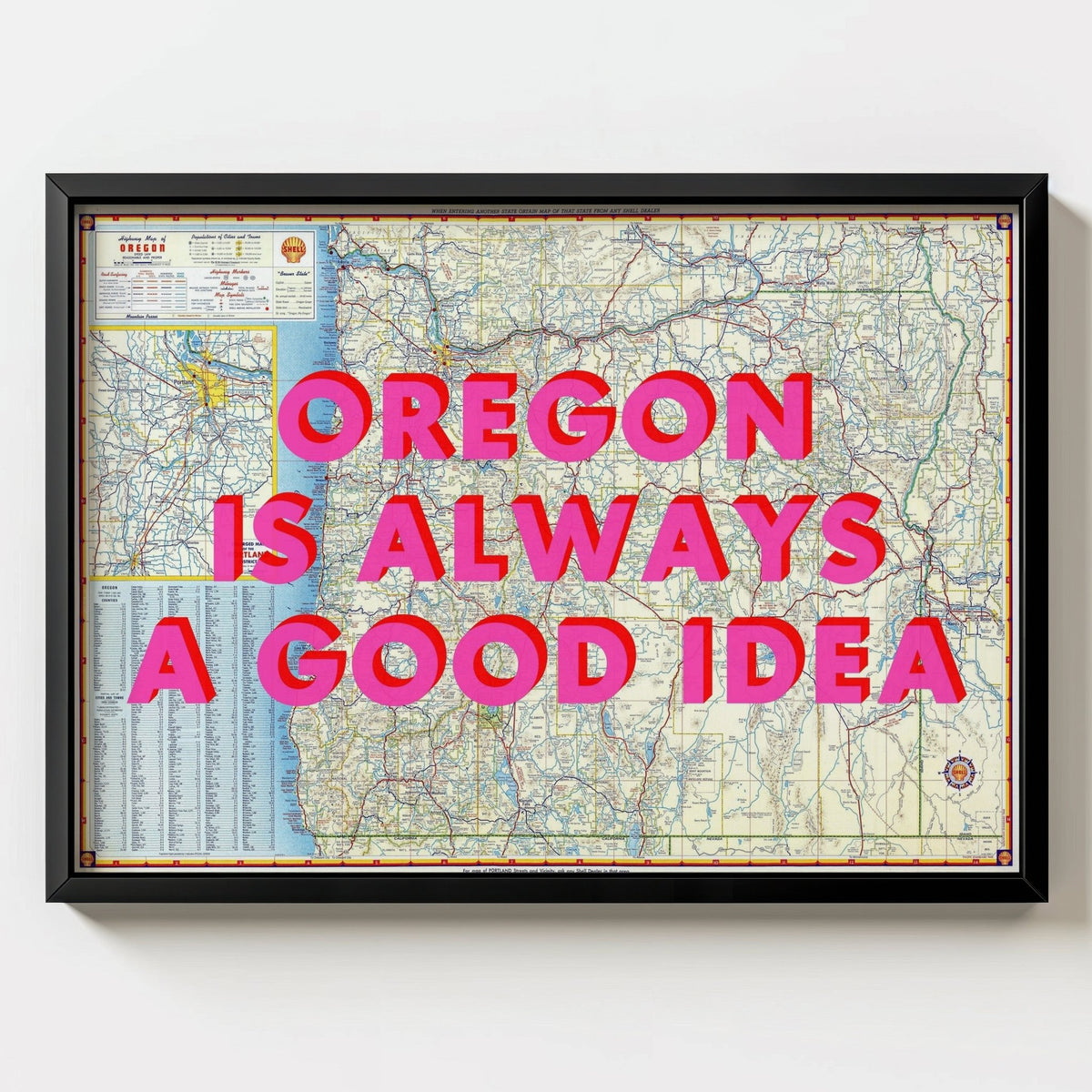 Oregon Retro Pop Art Map Print (landscape V1) - black frame mockup - Magic Posters