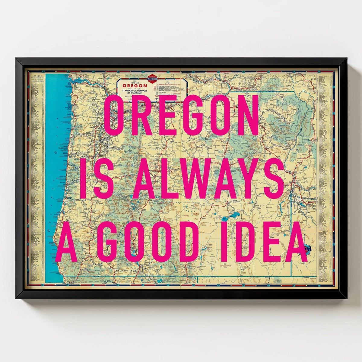 Oregon Retro Pop Art Map Print (landscape V2) - black frame mockup - Magic Posters