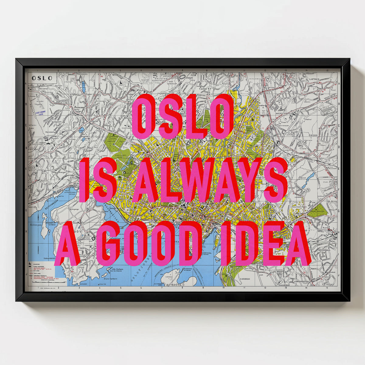 Oslo Retro Pop Art Map Print (landscape) - black frame mockup - Magic Posters Bold