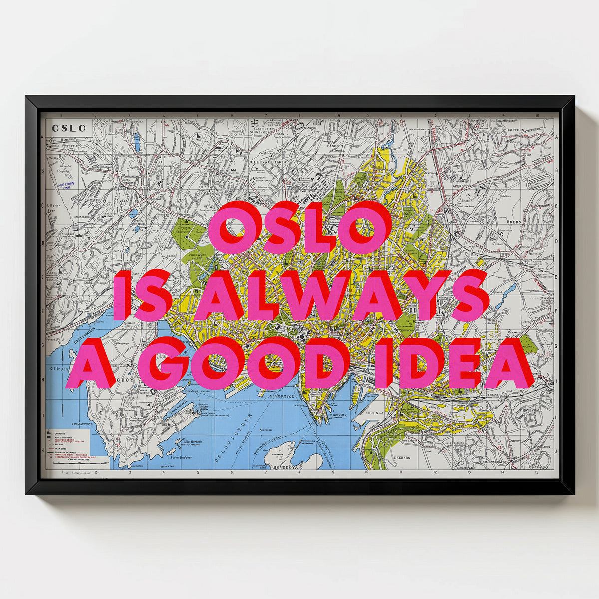Oslo Retro Pop Art Map Print (landscape) - black frame mockup - Magic Posters