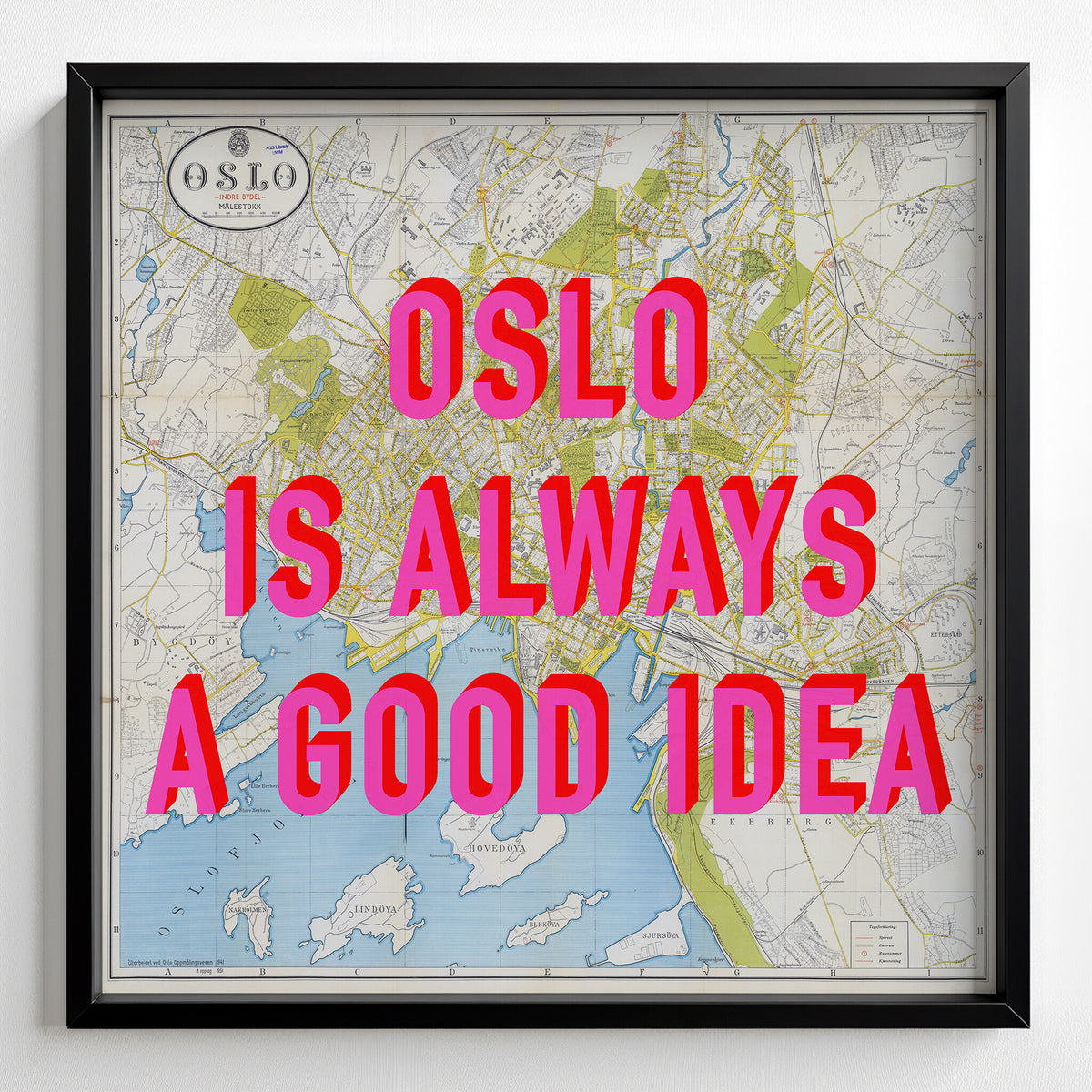 Oslo Retro Pop Art Map Print (square) - black frame mockup - Magic Posters Bold