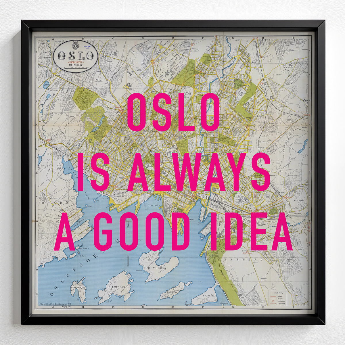 Oslo Retro Pop Art Map Print (square) - black frame mockup - Magic Posters