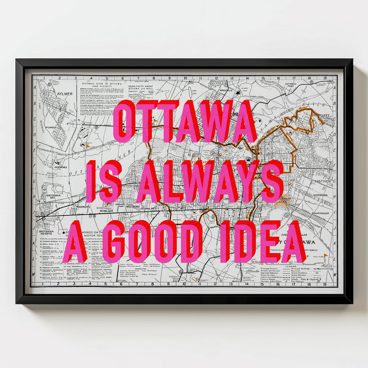 Ottawa Retro Pop Art Map Print (landscape) - black frame mockup - Magic Posters Bold