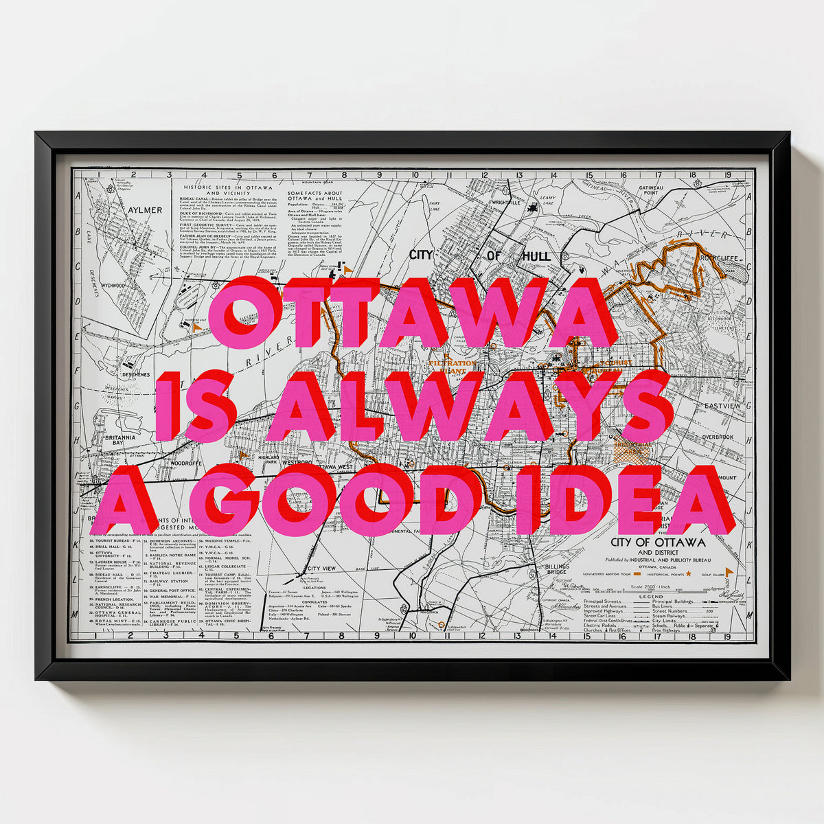 Ottawa Retro Pop Art Map Print (landscape) - black frame mockup - Magic Posters