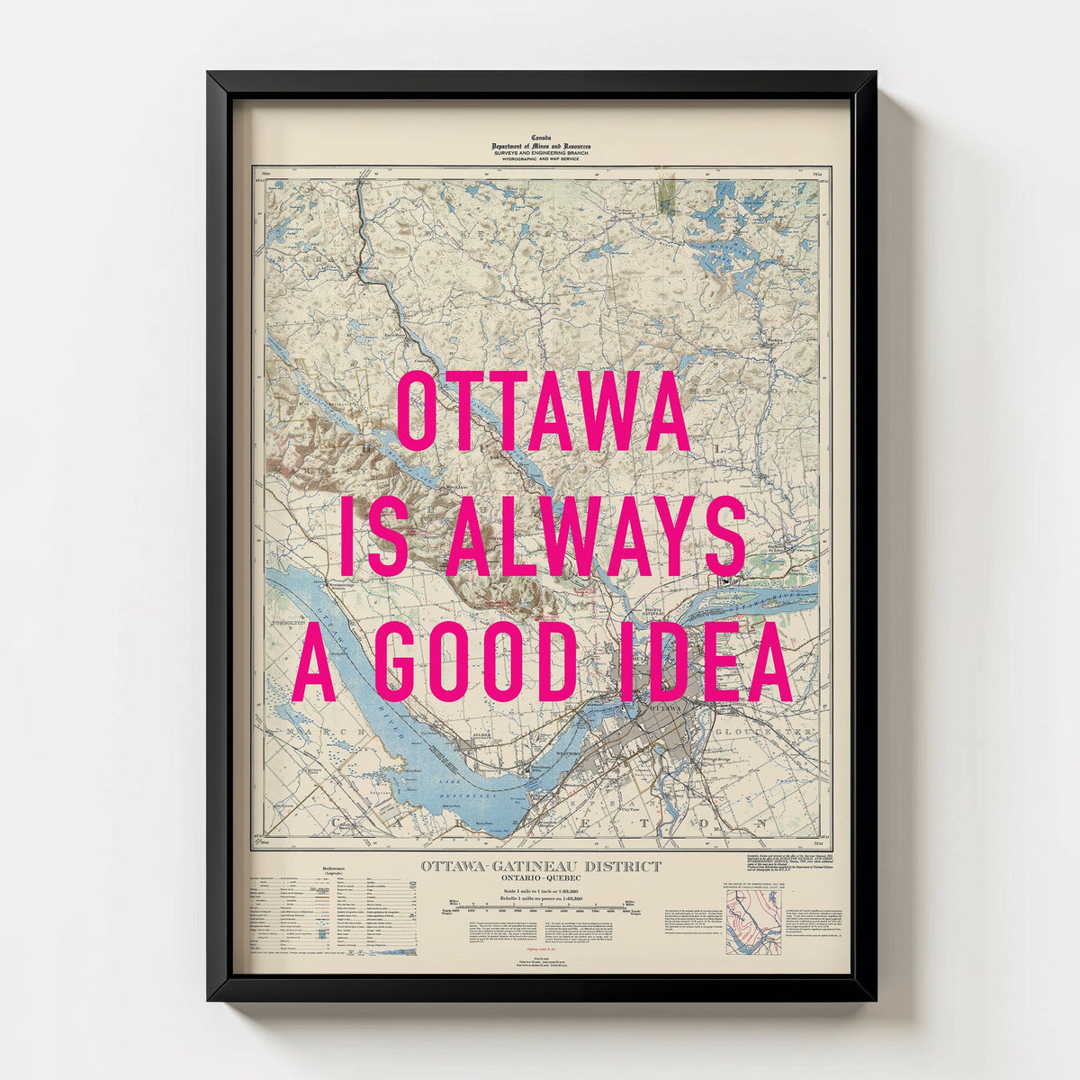 Ottawa Retro Pop Art Map Print (portrait) - black frame mockup - Magic Posters