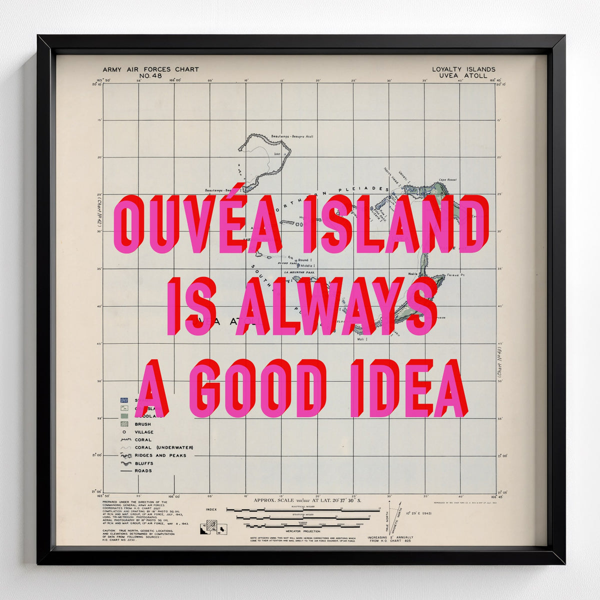 Ouvéa Island Retro Pop Art Map Print (square) - black frame mockup - Magic Posters Bold