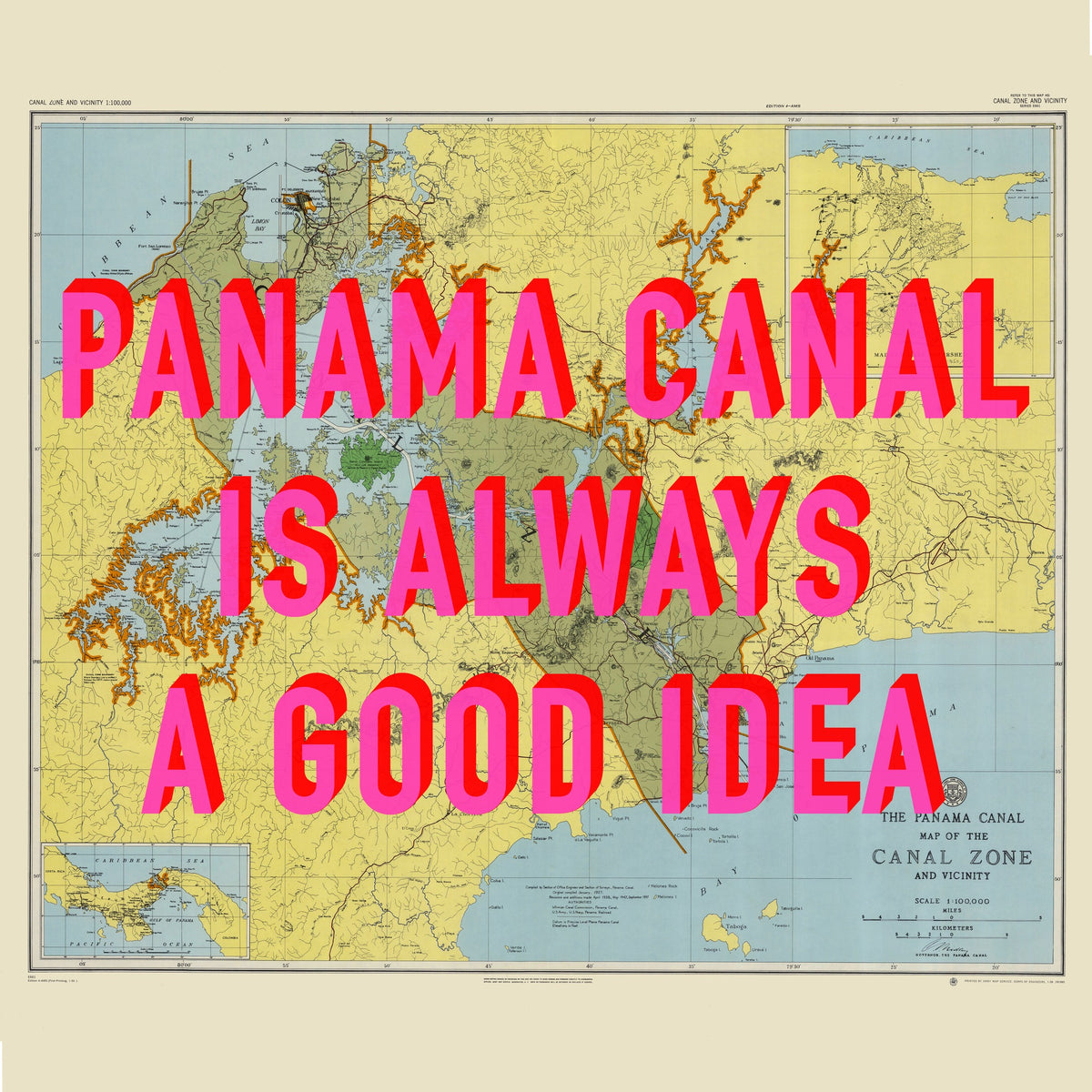 Panama Canal Retro Pop Art Map Print (square)