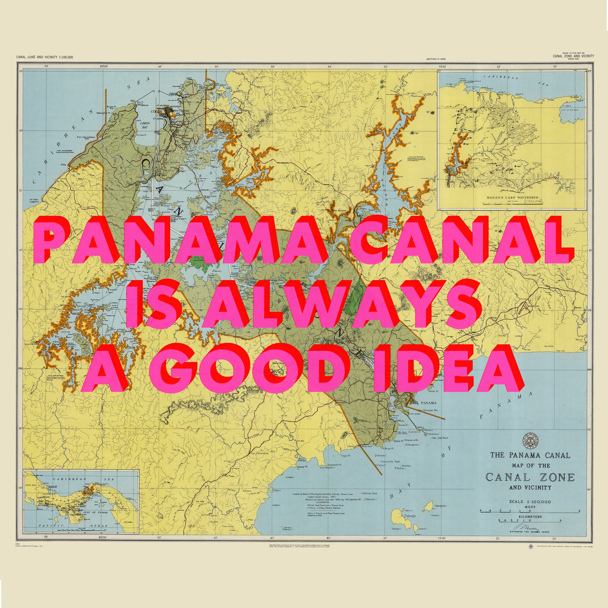 Panama Canal Retro Pop Art Map Print (square)