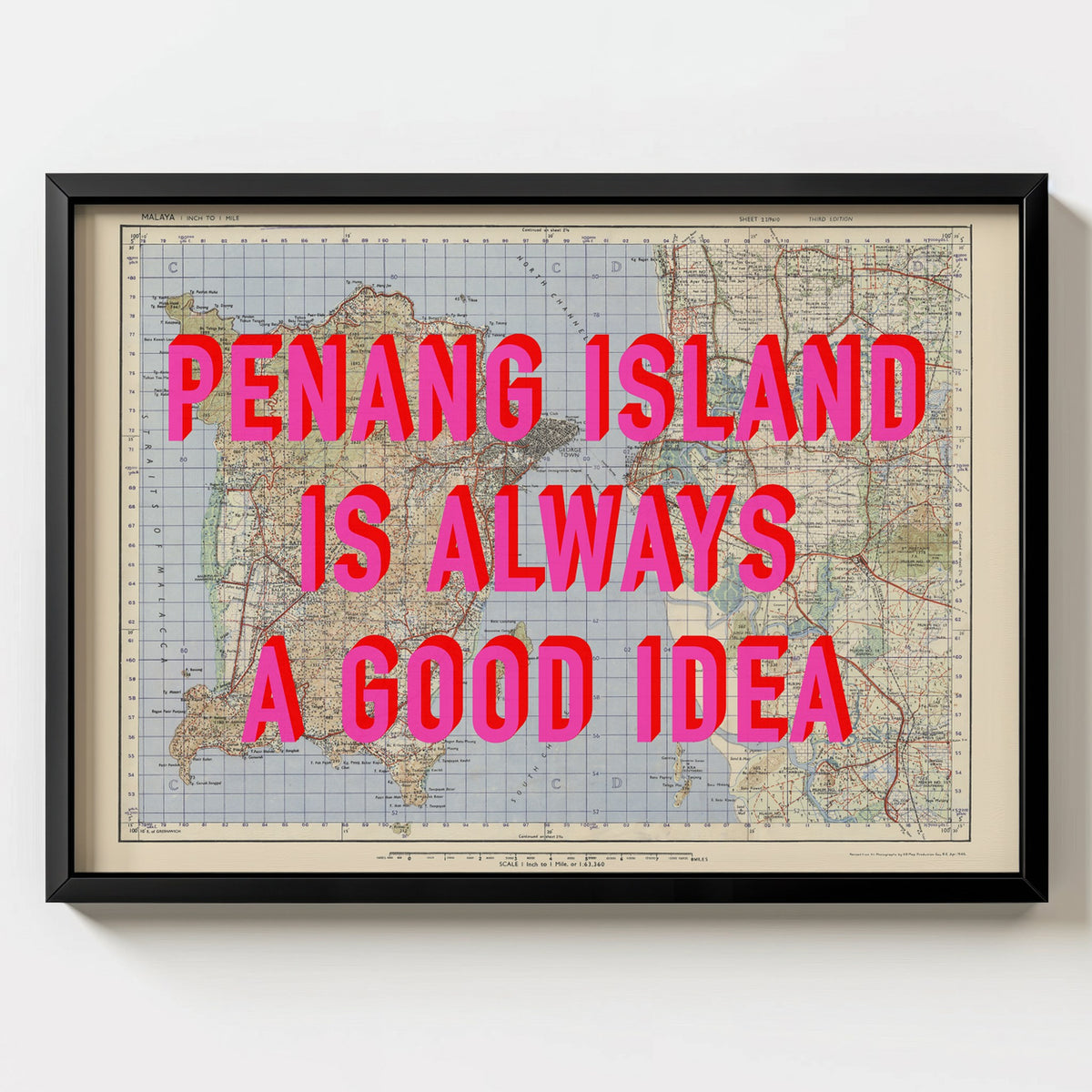 Penang Island Retro Pop Art Map Print (landscape) - black frame mockup - Magic Posters Bold