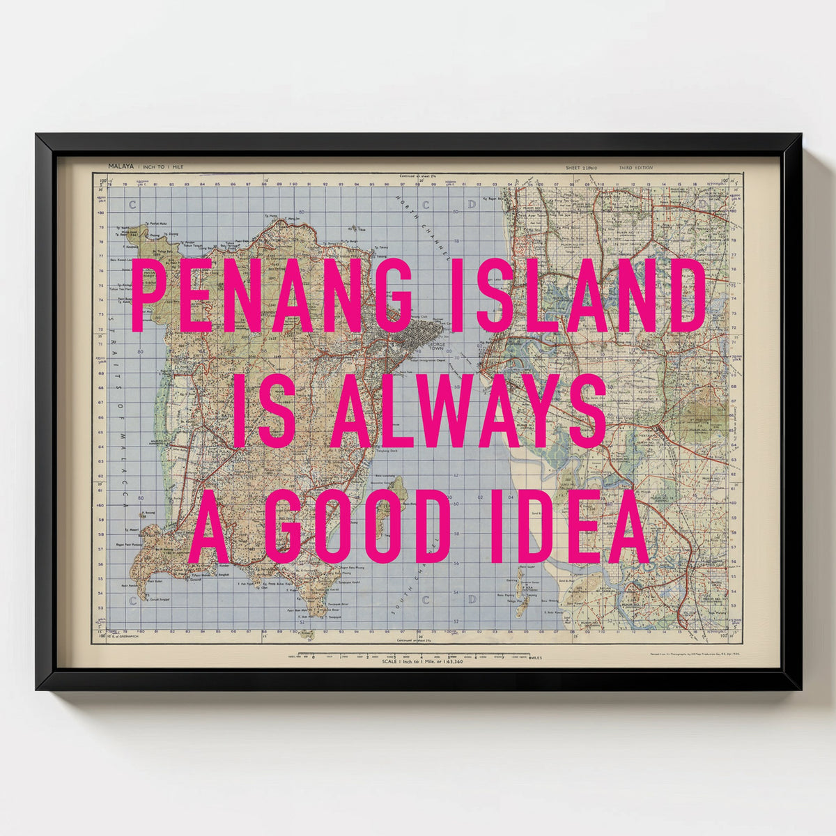 Penang Island Retro Pop Art Map Print (landscape) - black frame mockup - Magic Posters