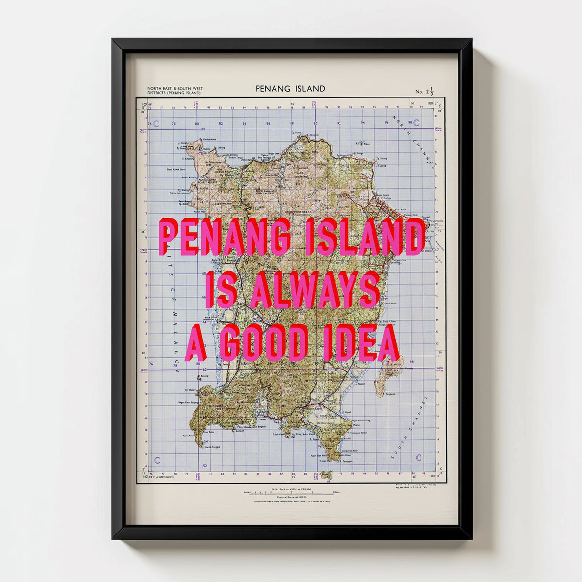 Penang Island Retro Pop Art Map Print (portrait) - black frame mockup - Magic Posters Bold