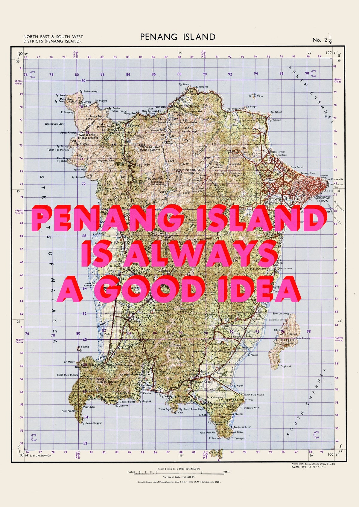 Penang Island Retro Pop Art Map Print (portrait) - Magic Posters