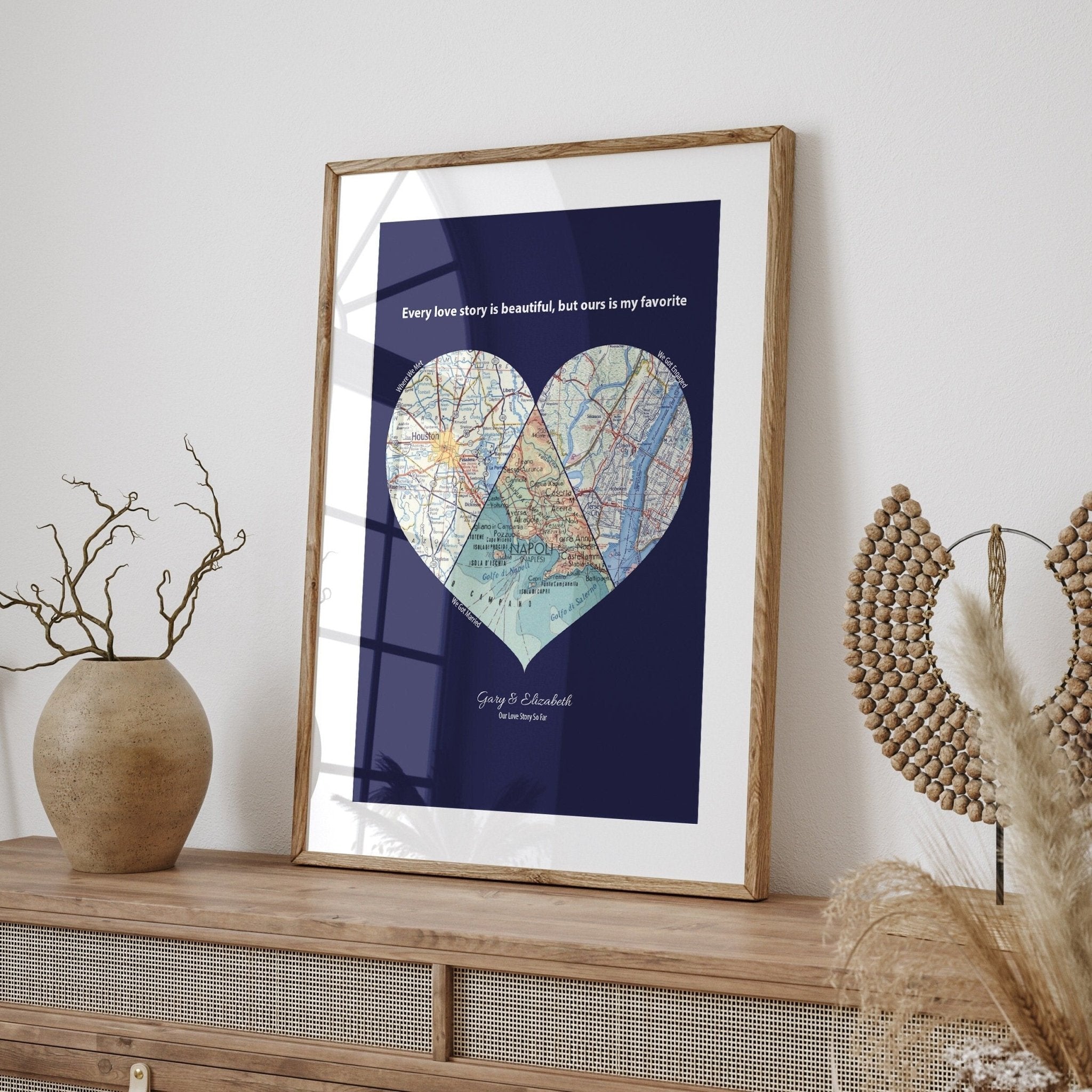 Personalised Heart Map Print Any 3 Locations (Navy) - Magic Posters