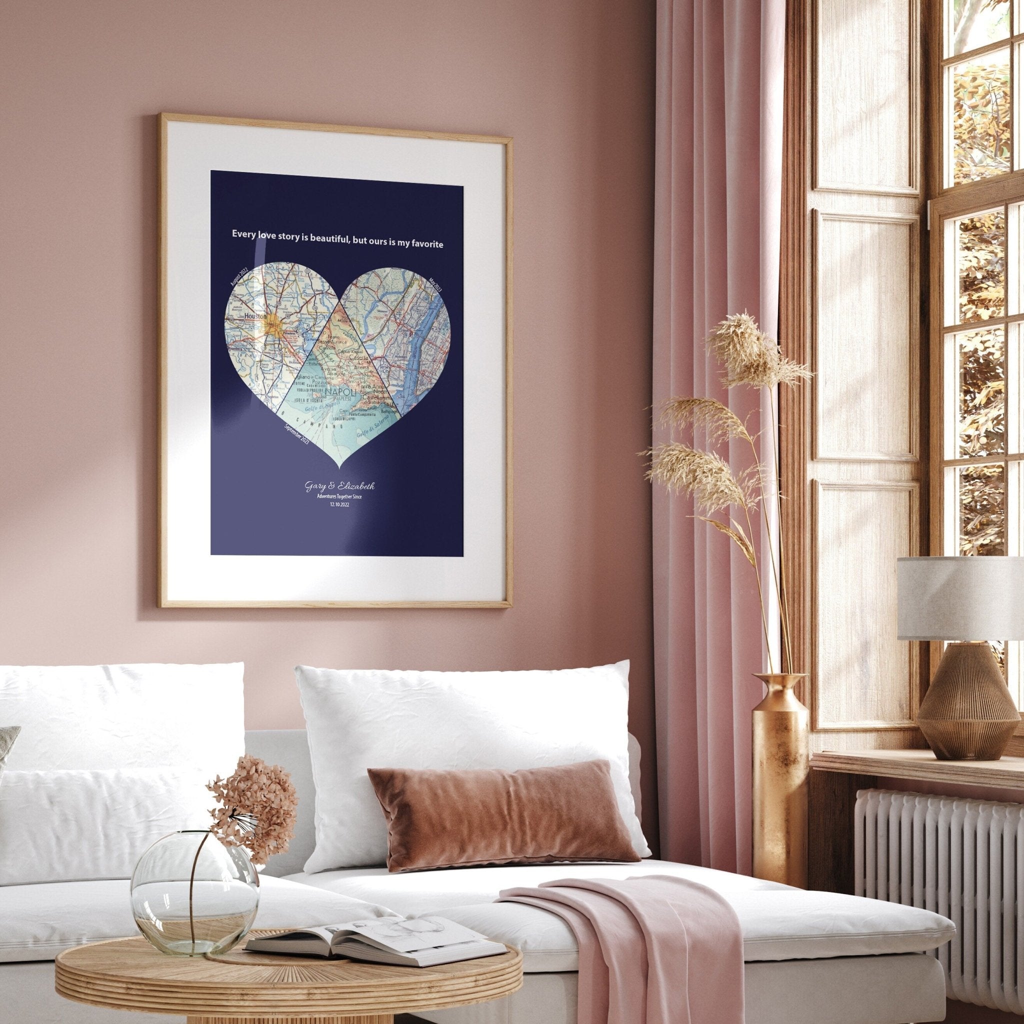 Personalised Heart Map Print Any 3 Locations (Navy) - Magic Posters