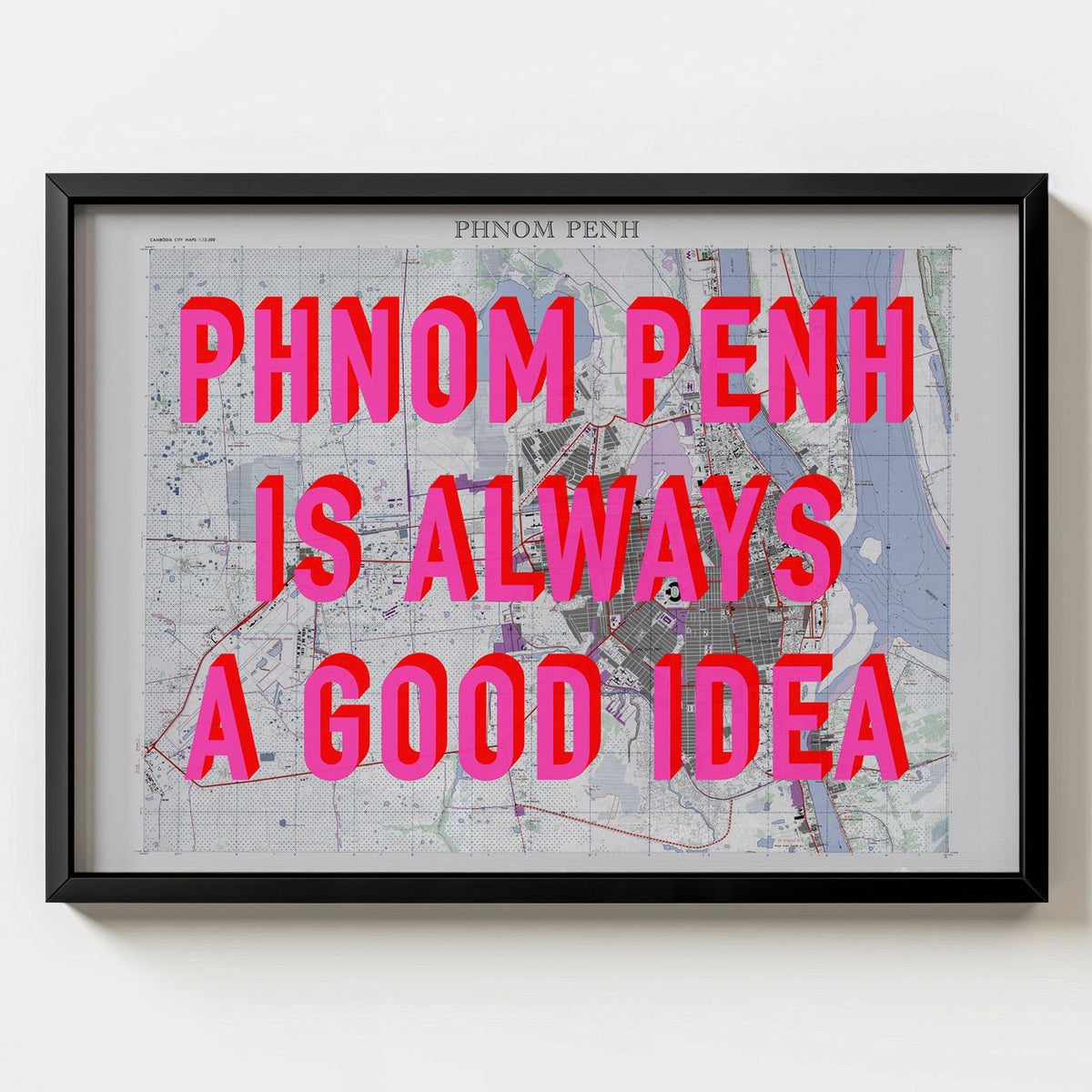 Phnom Penh Retro Pop Art Map Print (landscape) - black frame mockup - Magic Posters Bold