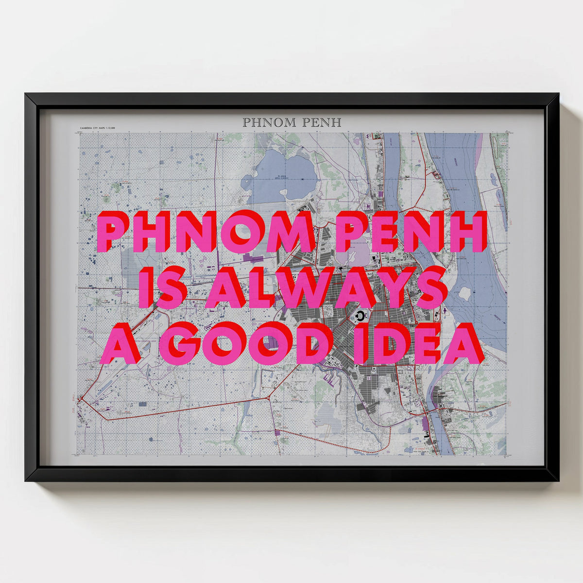 Phnom Penh Retro Pop Art Map Print (landscape) - black frame mockup - Magic Posters
