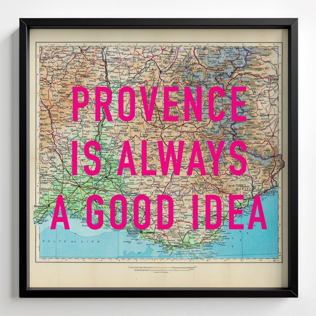 Provence Retro Pop Art Map Print (France) - black frame mockup - Magic Posters