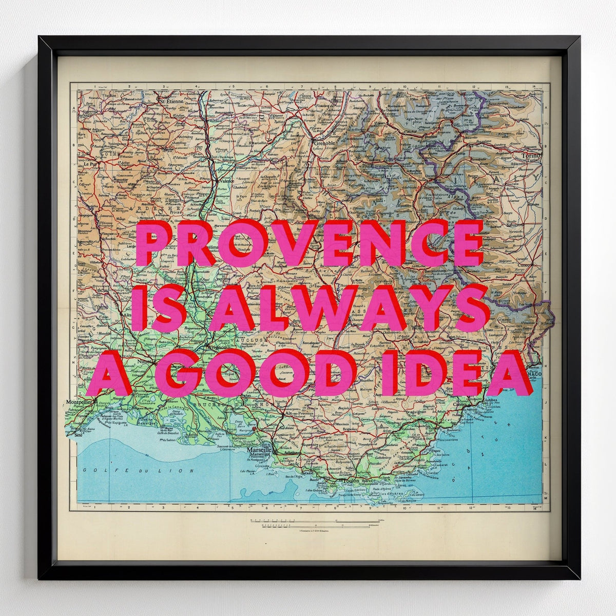 Provence Retro Pop Art Map Print (France) - black frame mockup - Magic Posters