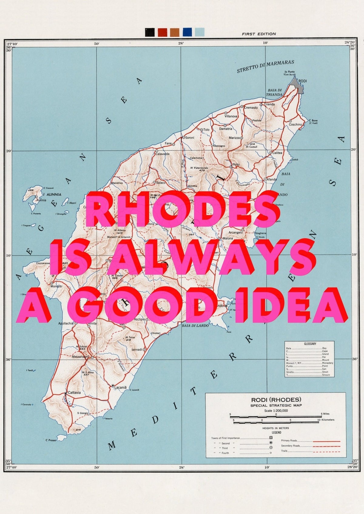 Rhodes Retro Pop Art Map Print (Greece)
