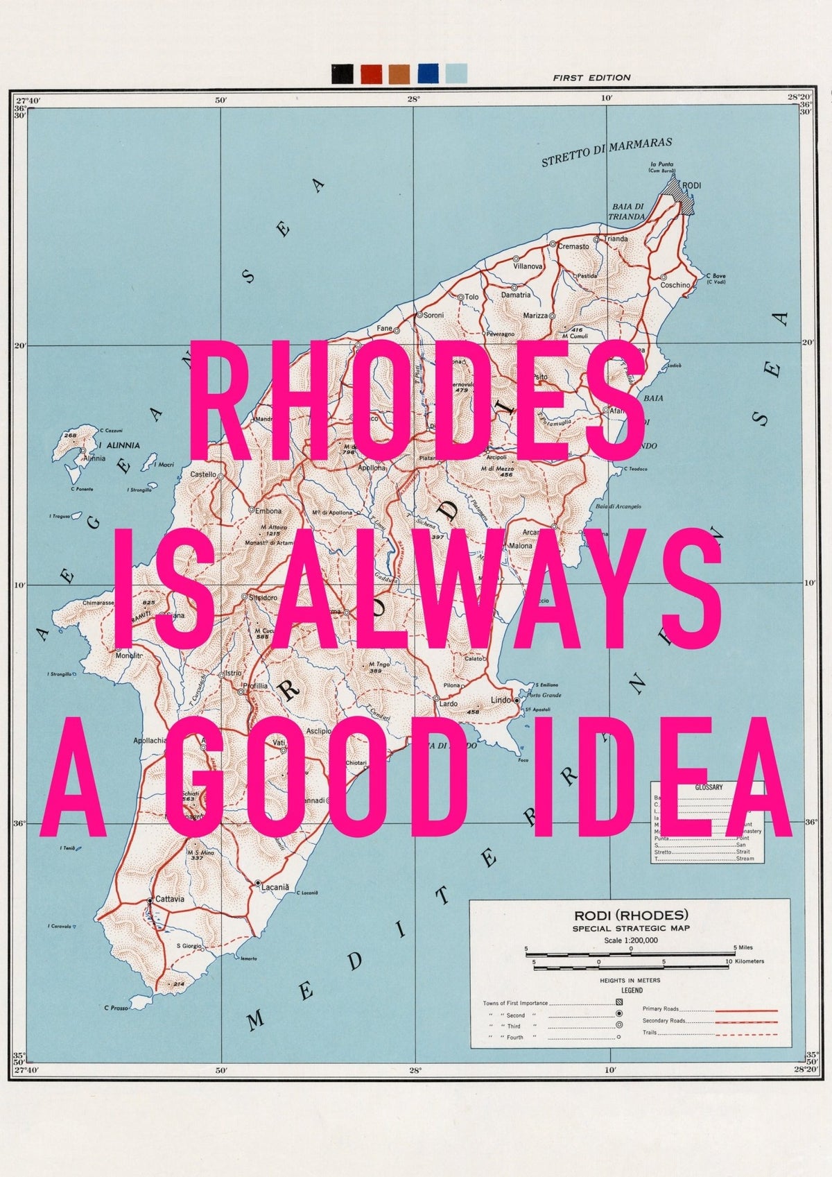 Rhodes Retro Pop Art Map Print (Greece)