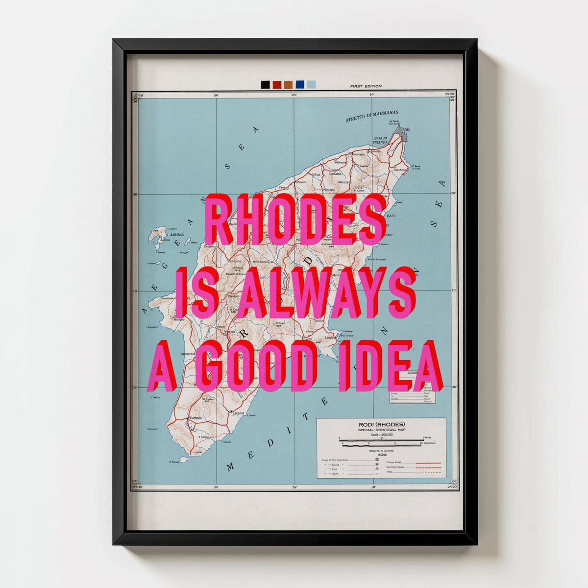 Rhodes Retro Pop Art Map Print (Greece) - black frame mockup - Magic Posters