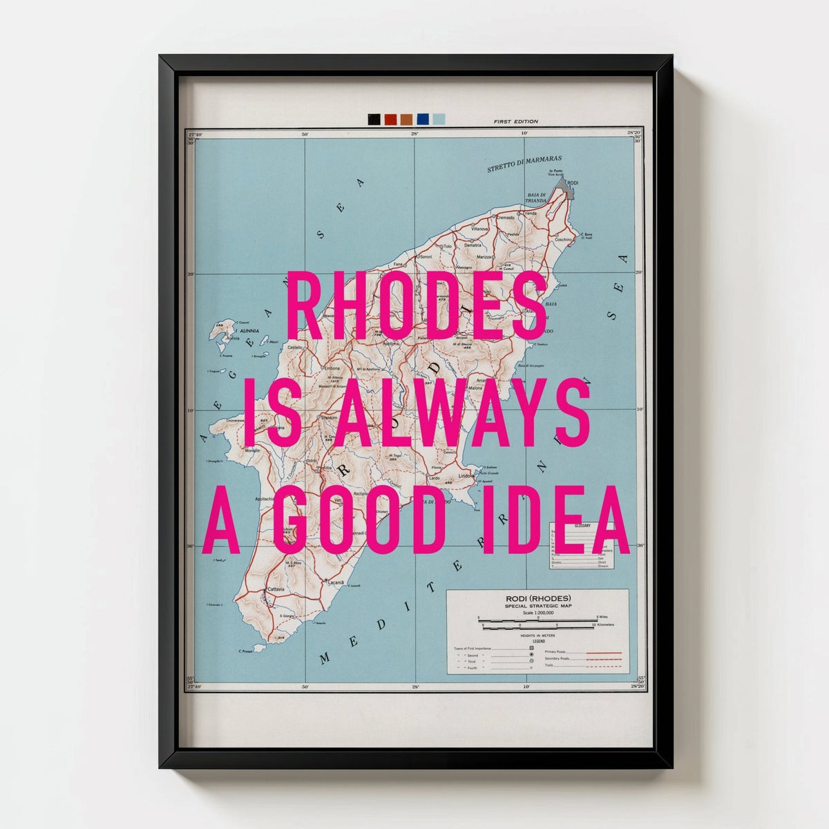 Rhodes Retro Pop Art Map Print (Greece) - black frame mockup - Magic Posters