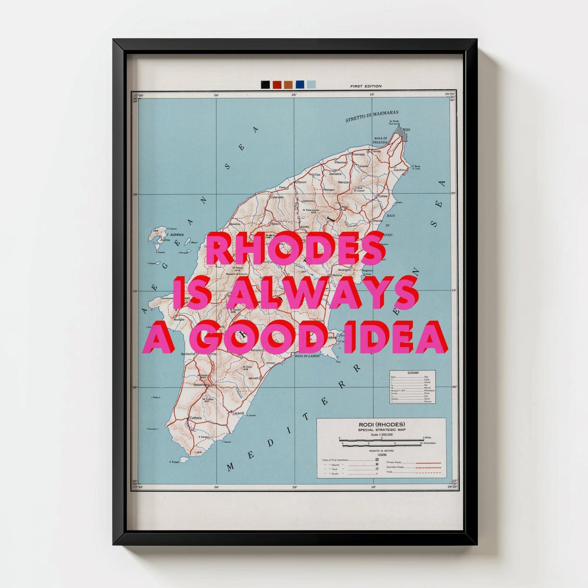 Rhodes Retro Pop Art Map Print (Greece) - black frame mockup - Magic Posters